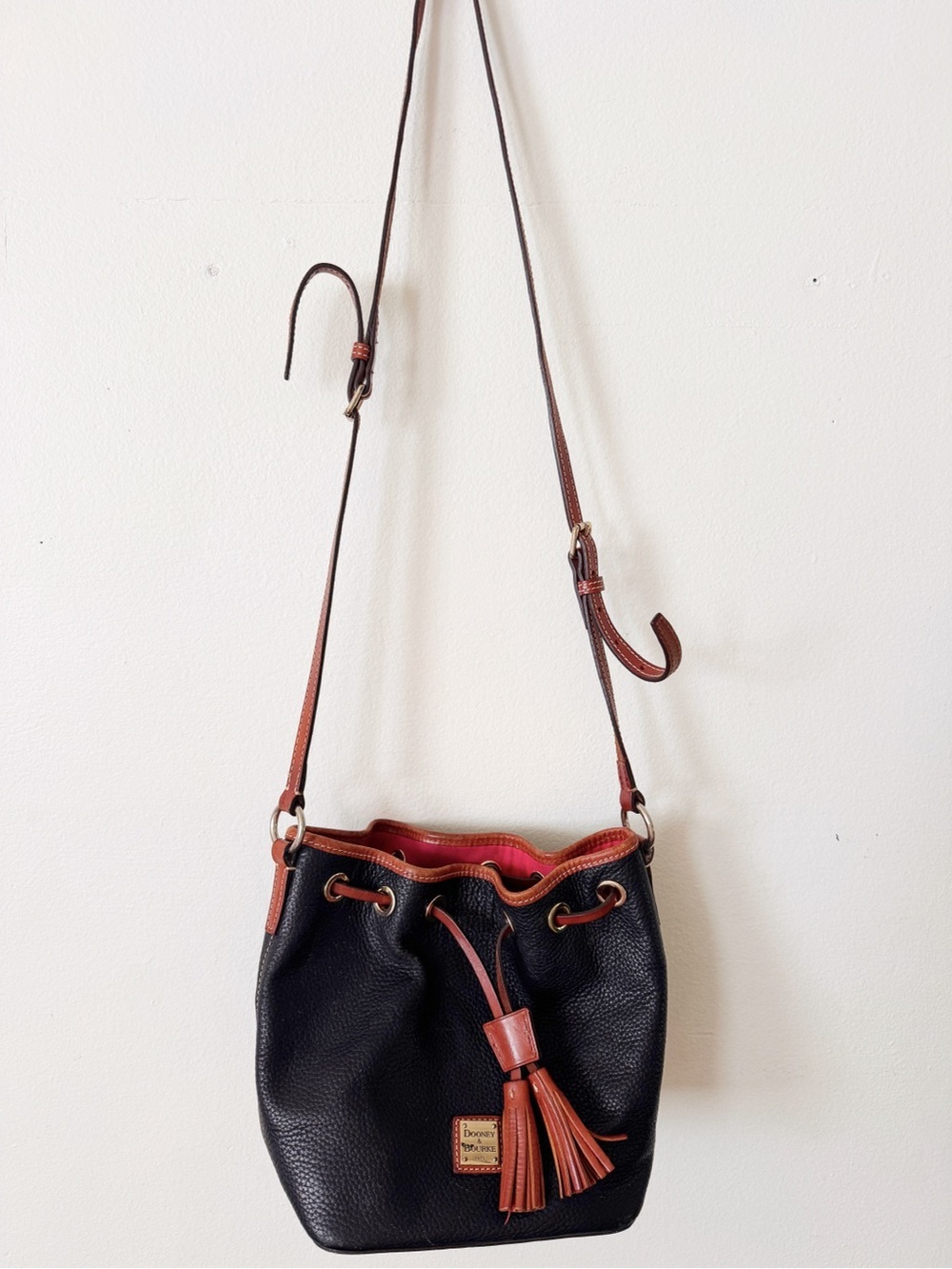 Dooney & Bourke Leather Drawstring Bucket Bag - Black with Brown Trim